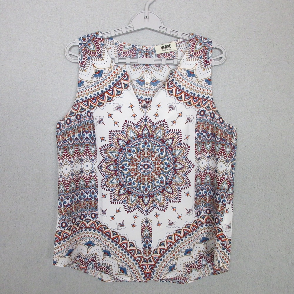 VERSE Mandala‎ Print Sleeveless V Neck Top White Multicolor USA Women's Size M